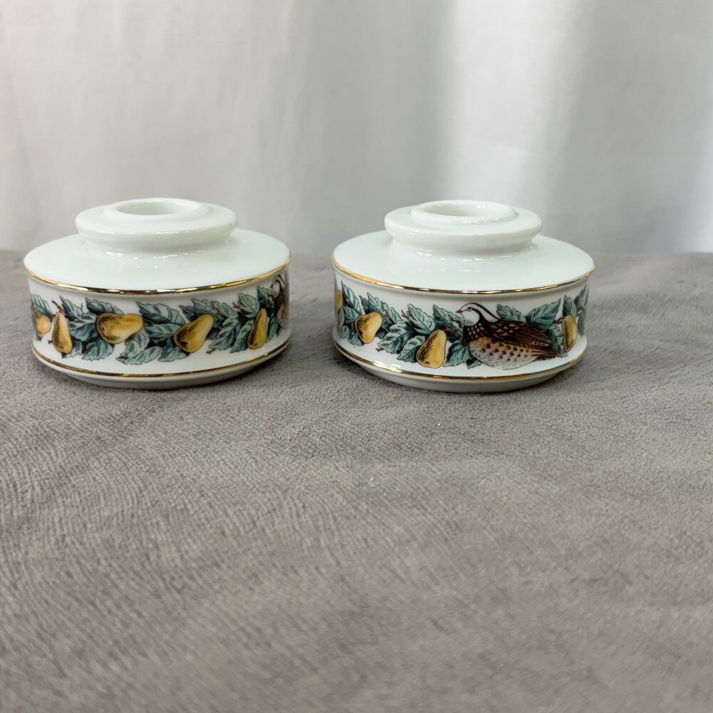 Avon Taper Candle Holders Partridge In A Pear Tree China Gold Trim Set of 2 VTG